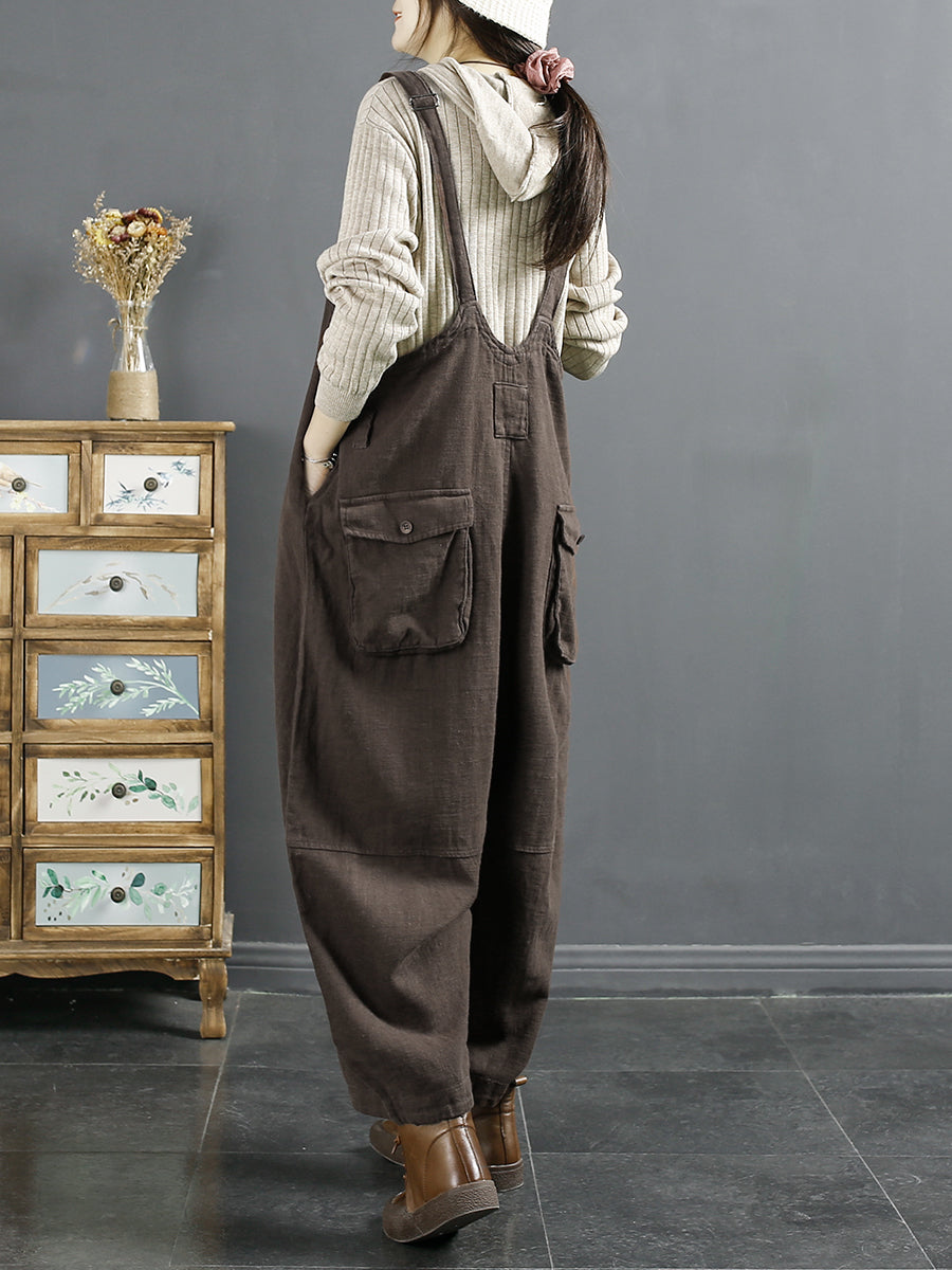 Plus Size Women Vintage Solid Linen Loose Jumpsuits