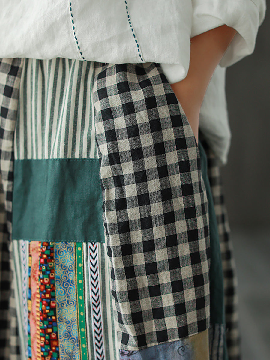 Plus Size Irregular Print Spliced Casual 100% Linen A-line Skirt