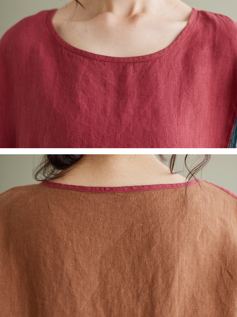 Plus Size Vintage Short Sleeve Women Patchwork Loose Shirt