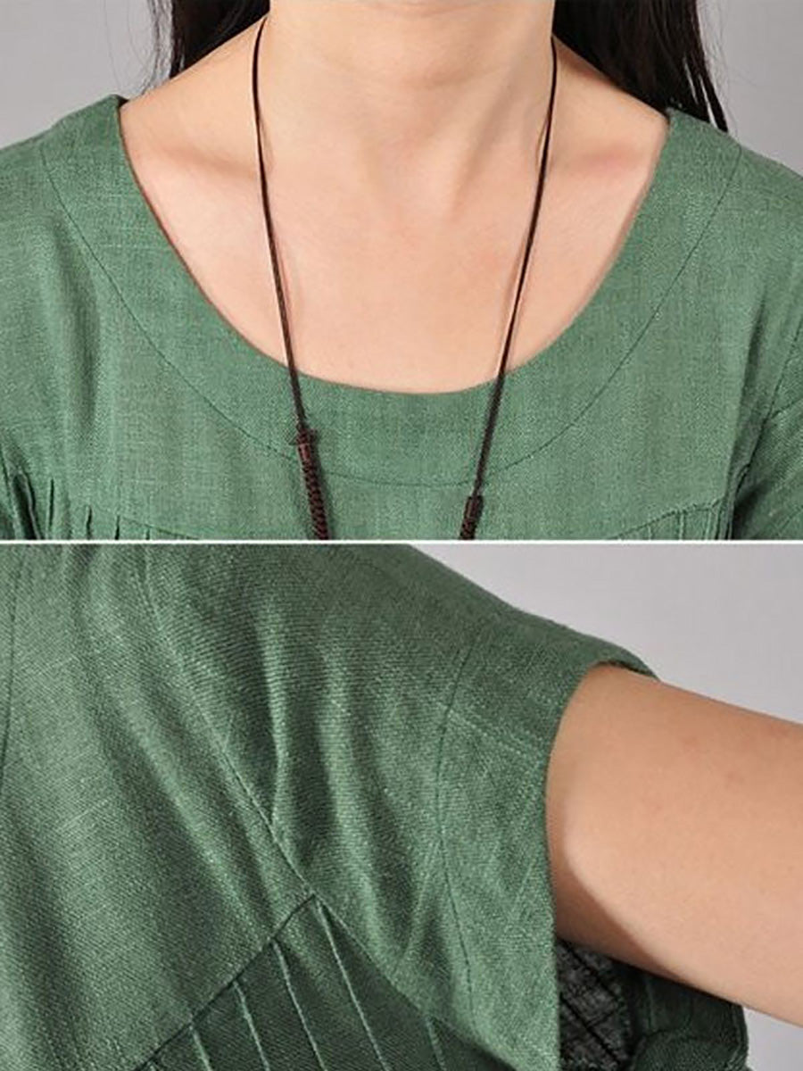 Plus Size Women Cotton Linen Loose Fitting Dress in Green
