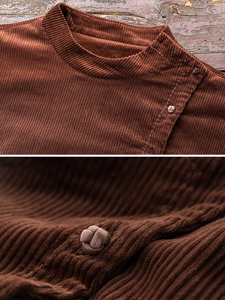 Plus Size Women Autumn Solid Pleated Corduroy Dress