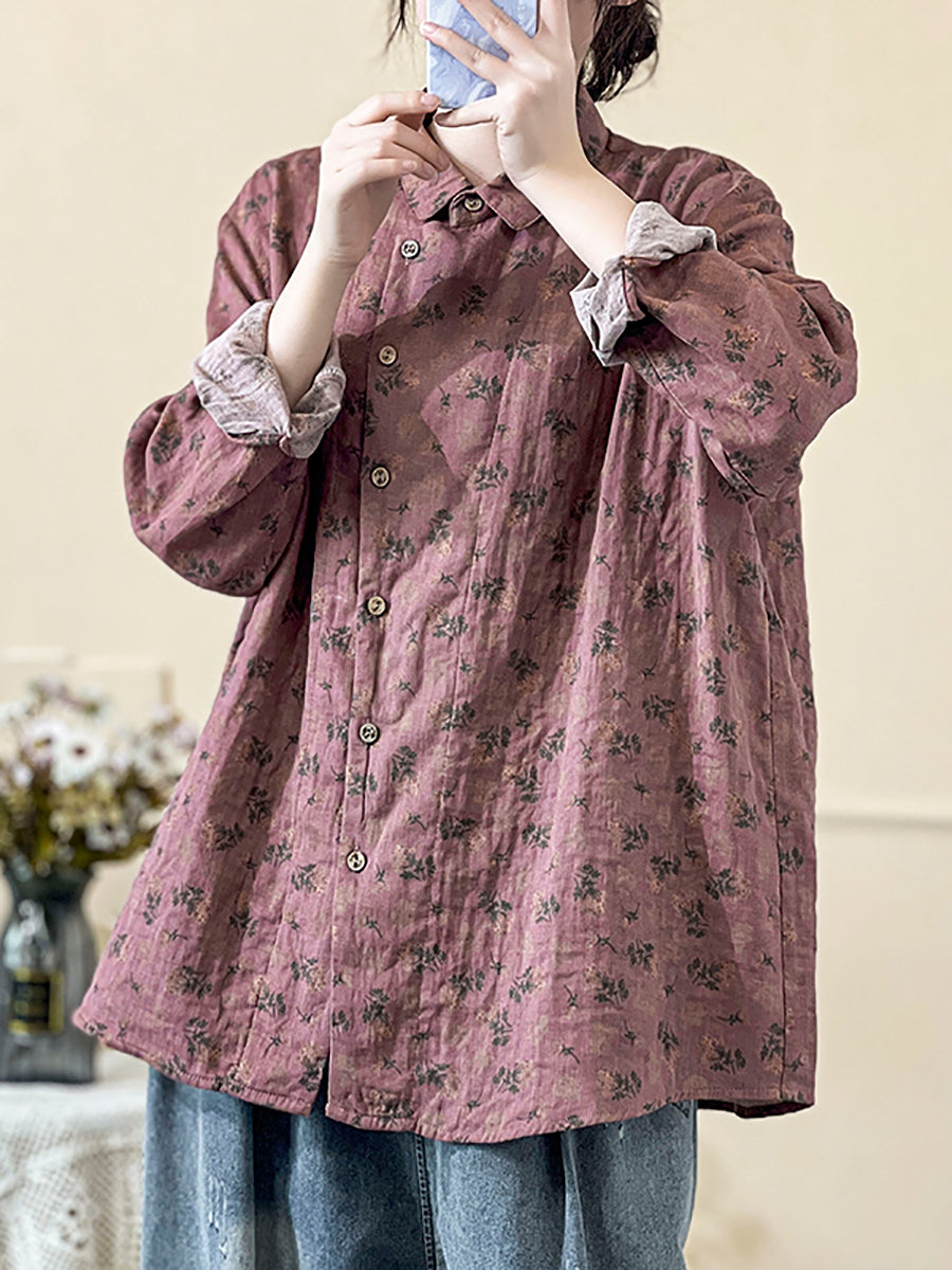 Plus Size Women Spring Vintage Floral Slant Closure Shirt