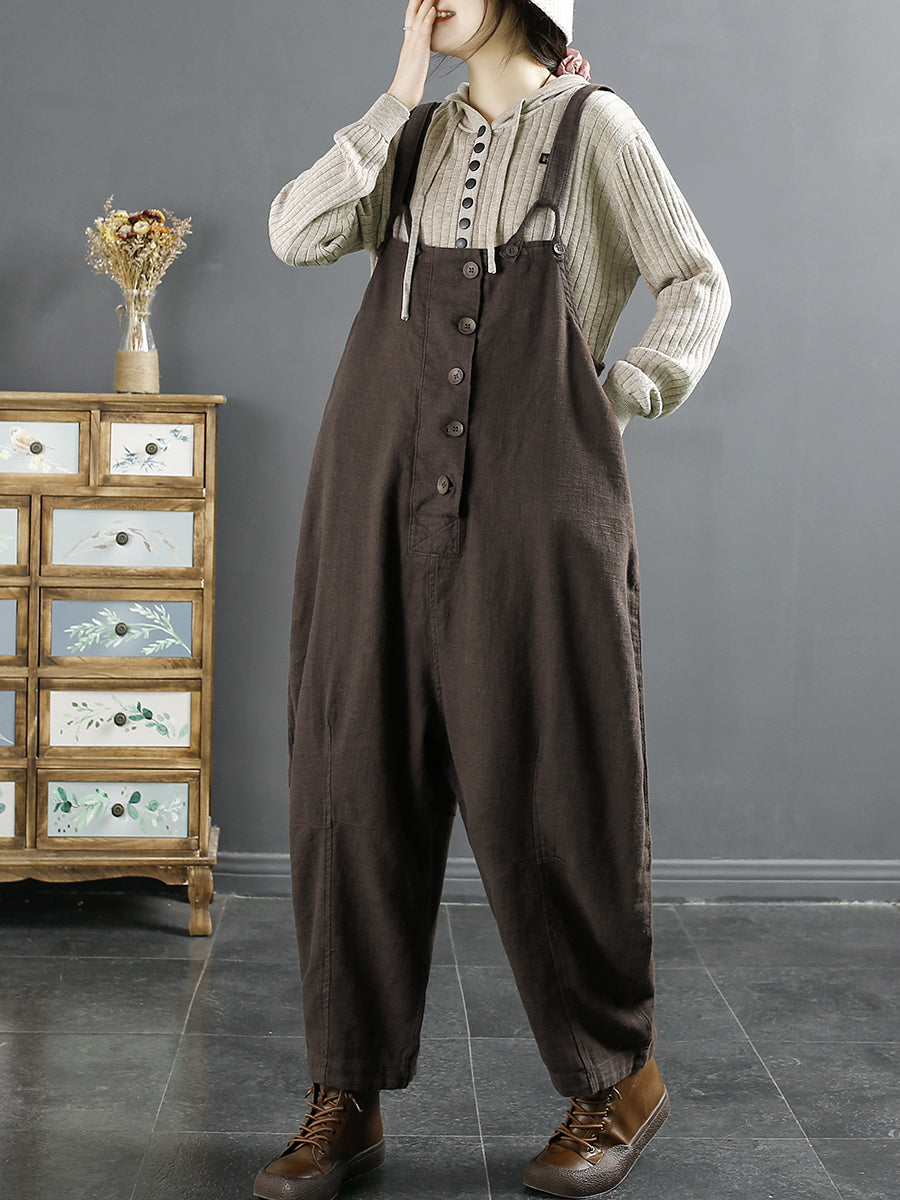 Plus Size Women Vintage Solid Linen Loose Jumpsuits