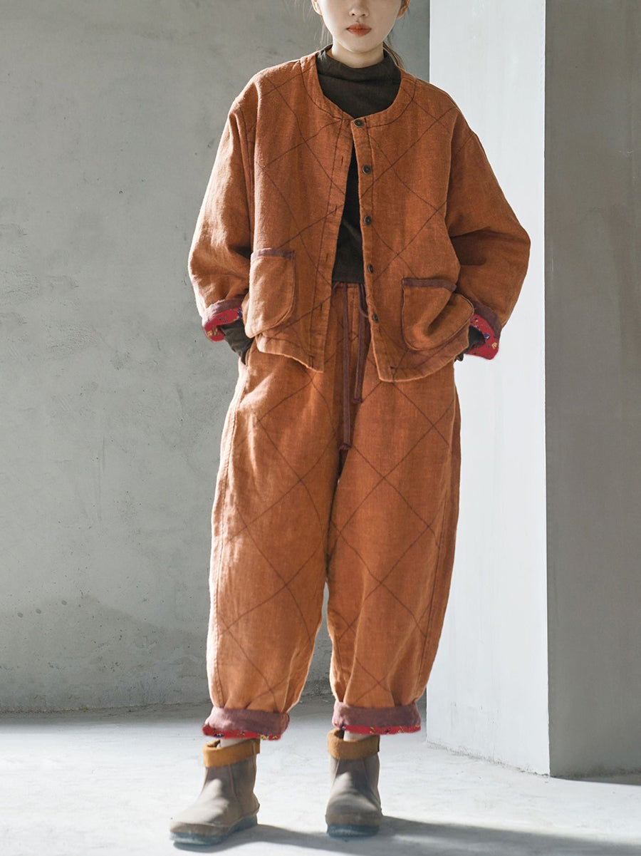 Plus Size Women Winter Vintage Linen Padded Pants
