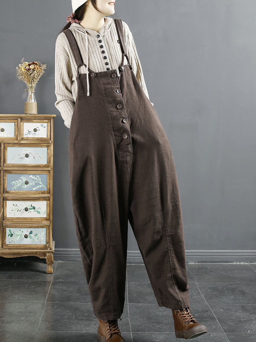 Plus Size Women Vintage Solid Linen Loose Jumpsuits