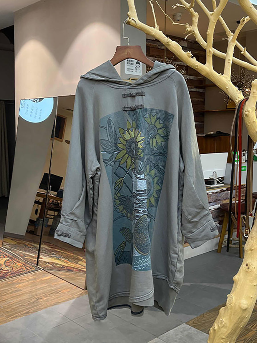 Plus Size Women Vintage Flower Hooded Long Sweatshirt