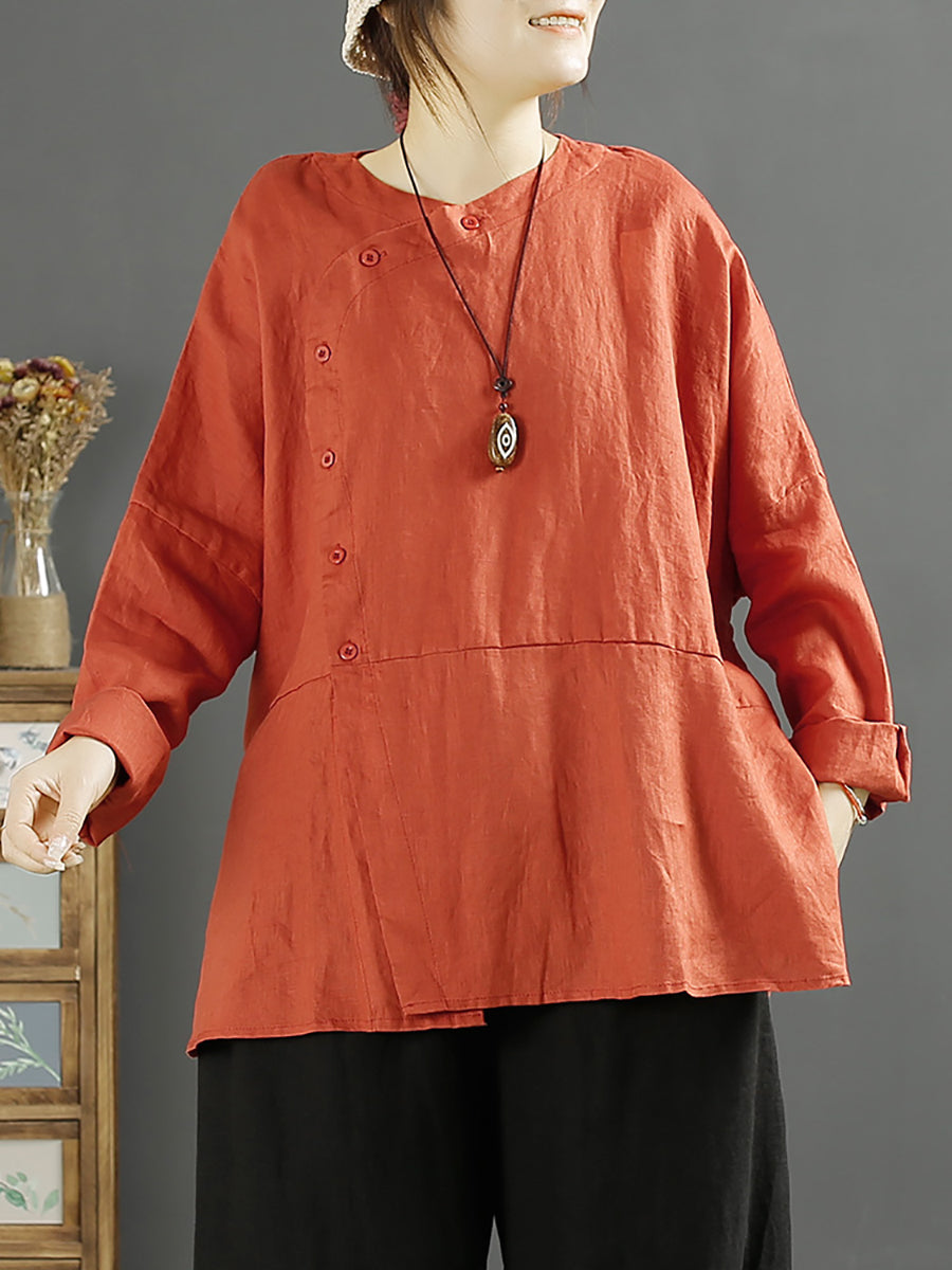 Plus Size Women Solid Vintage Slant-Closure Linen Shirt