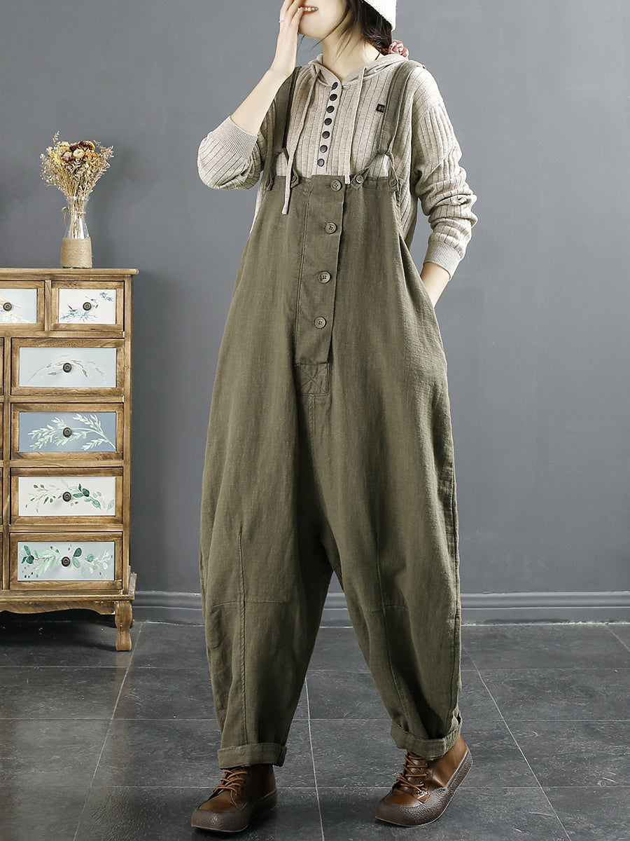Plus Size Women Vintage Solid Linen Loose Jumpsuits