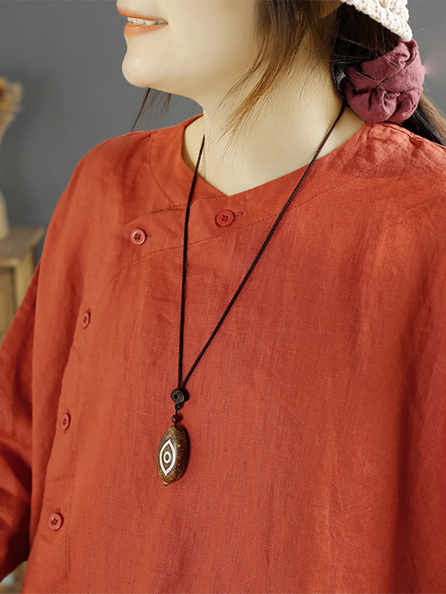 Plus Size Women Solid Vintage Slant-Closure Linen Shirt