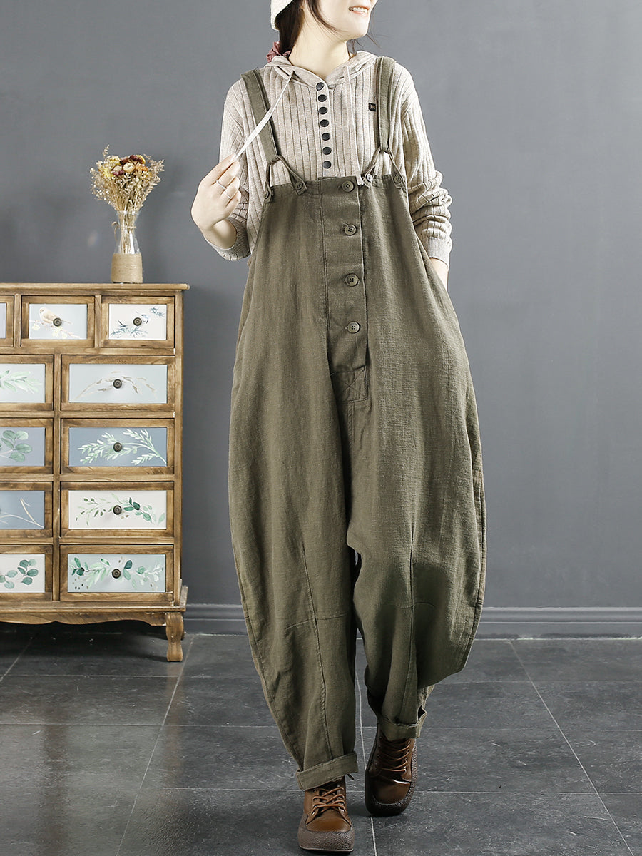 Plus Size Women Vintage Solid Linen Loose Jumpsuits