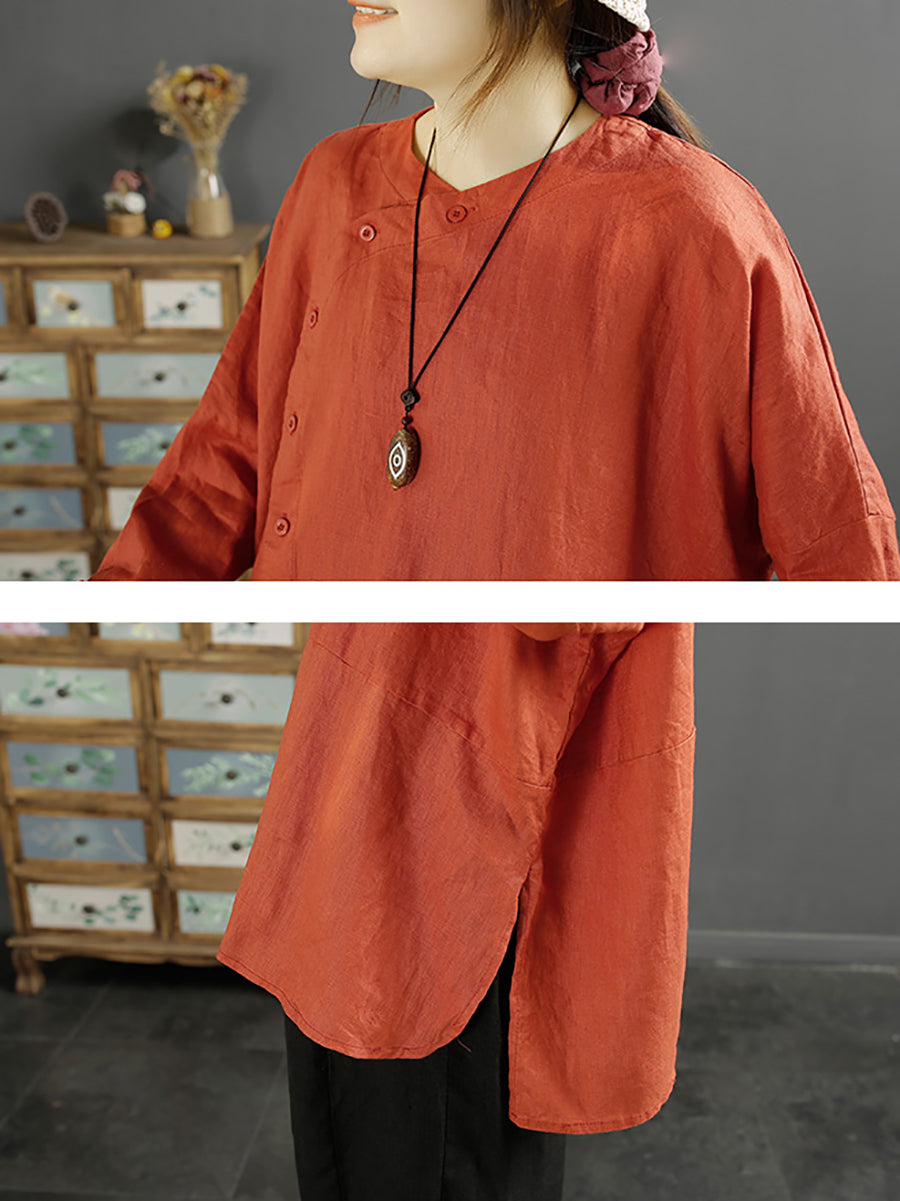 Plus Size Women Solid Vintage Slant-Closure Linen Shirt