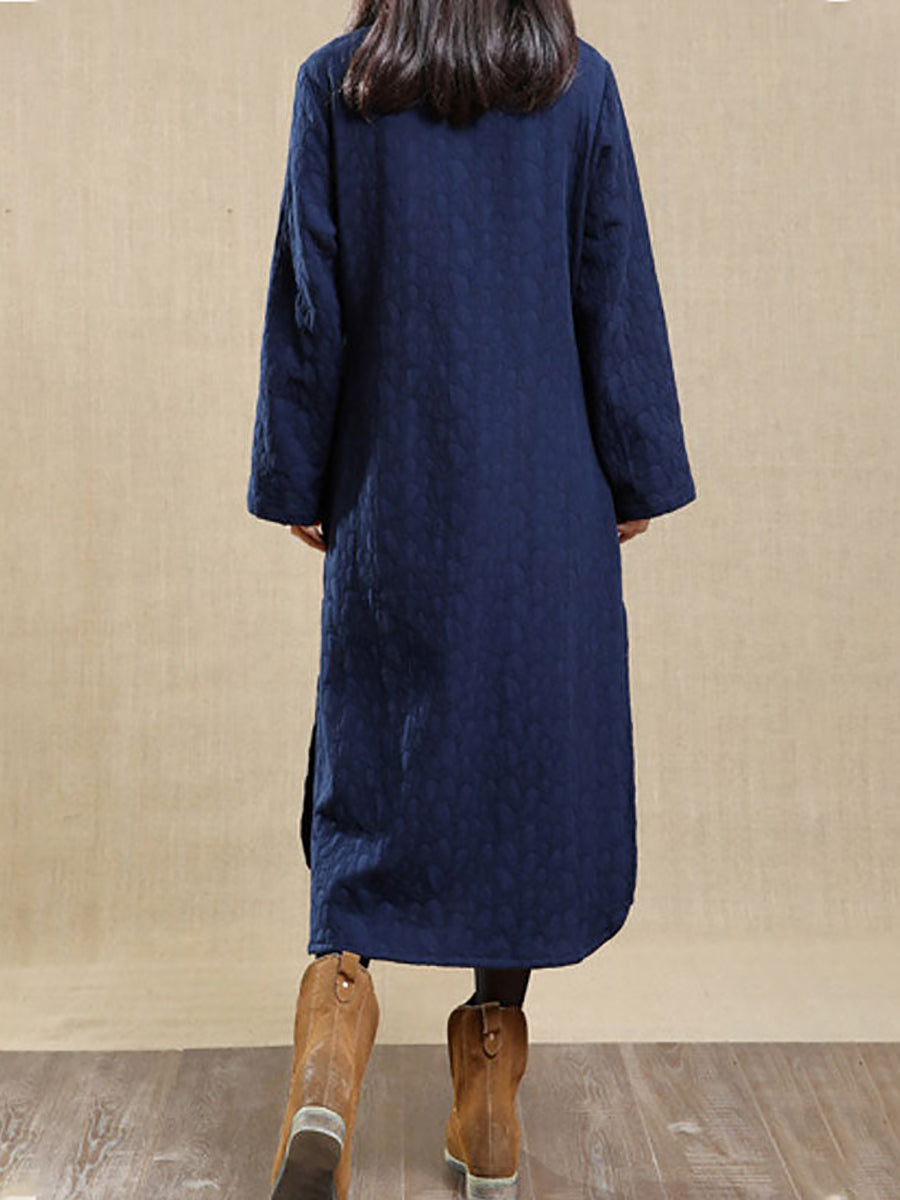 Plus Size Women Autumn Vintage Stand Collar 100%Cotton Dress