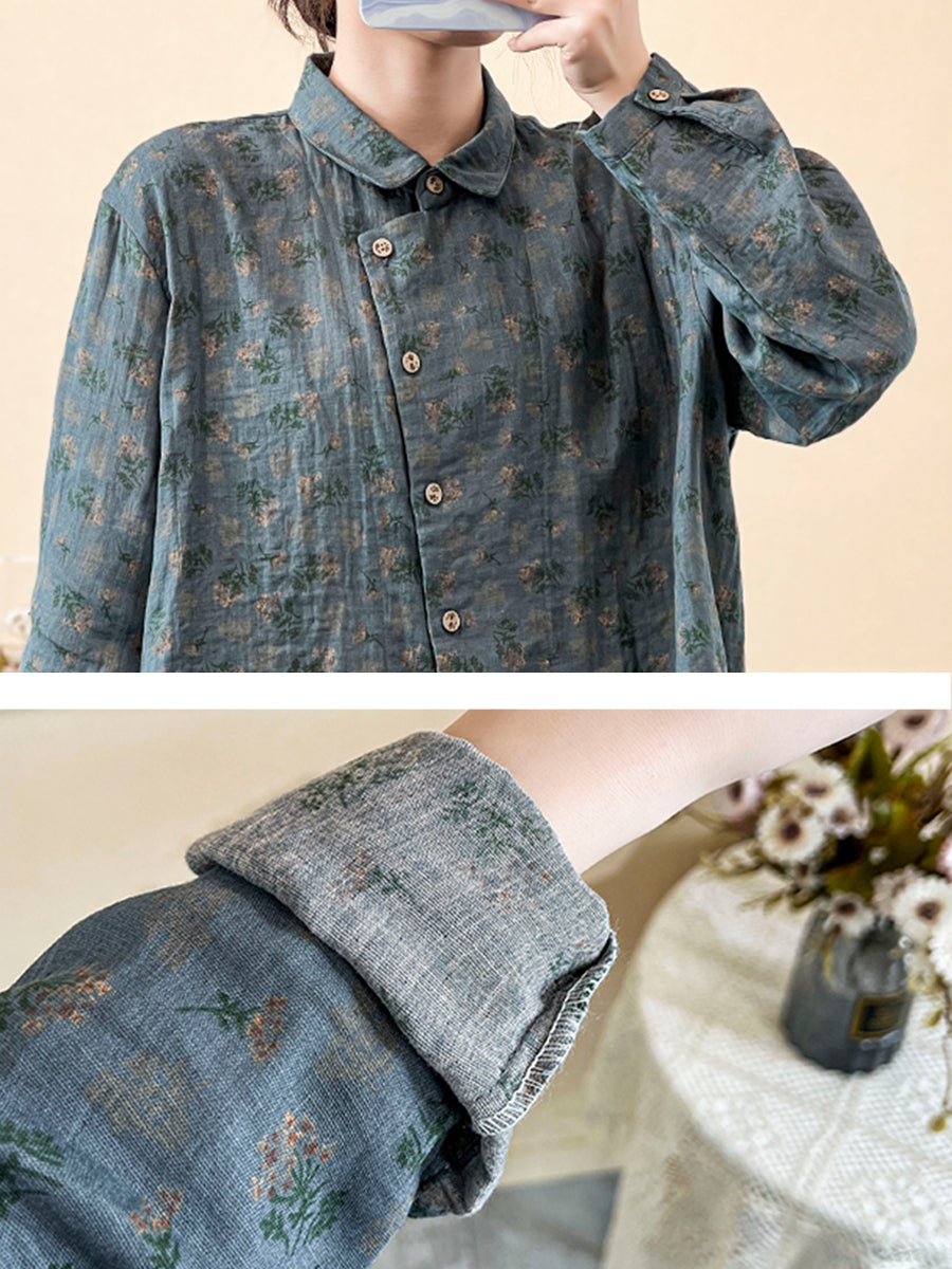 Plus Size Women Spring Vintage Floral Slant Closure Shirt