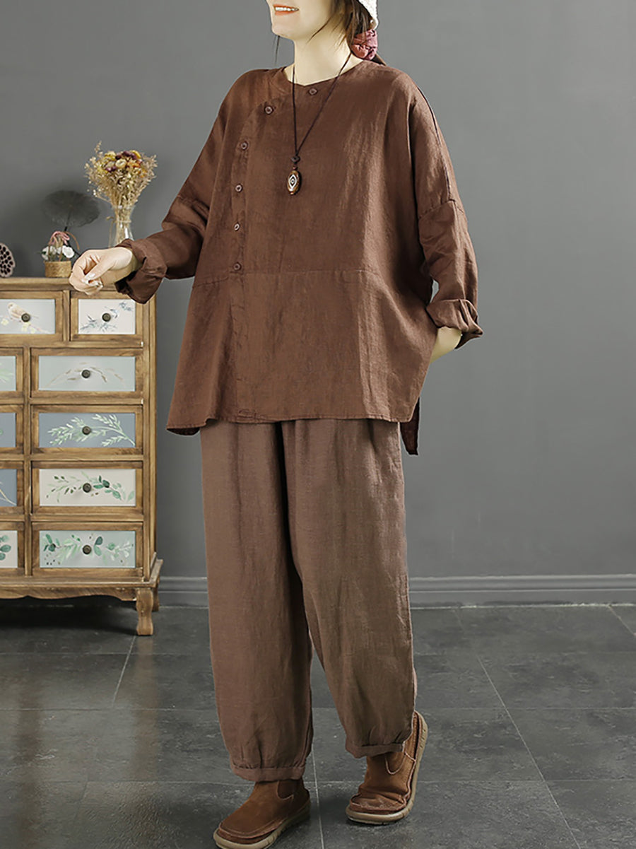 Plus Size Women Solid Vintage Slant-Closure Linen Shirt