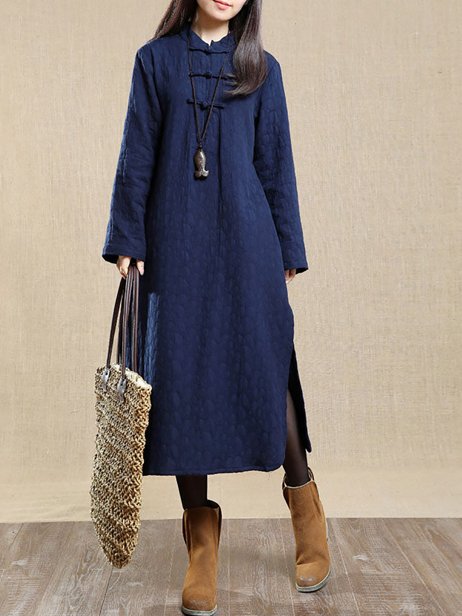Plus Size Women Autumn Vintage Stand Collar 100%Cotton Dress