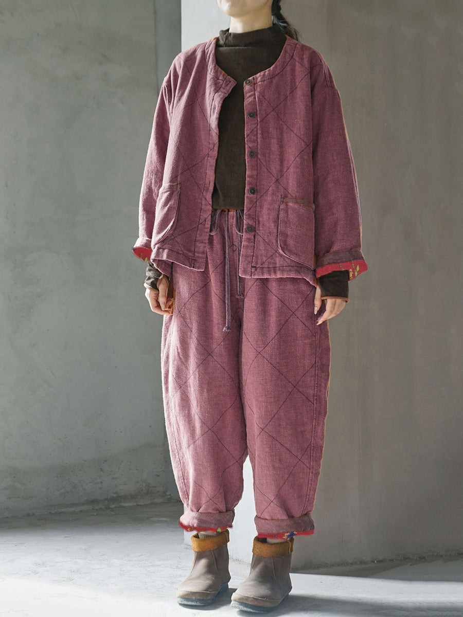 Plus Size Women Winter Vintage Linen Padded Pants