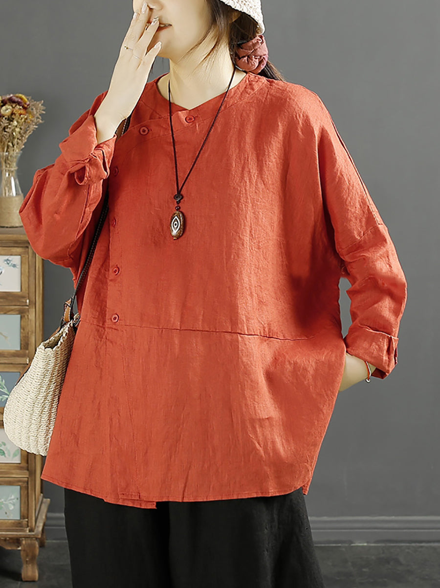 Plus Size Women Solid Vintage Slant-Closure Linen Shirt