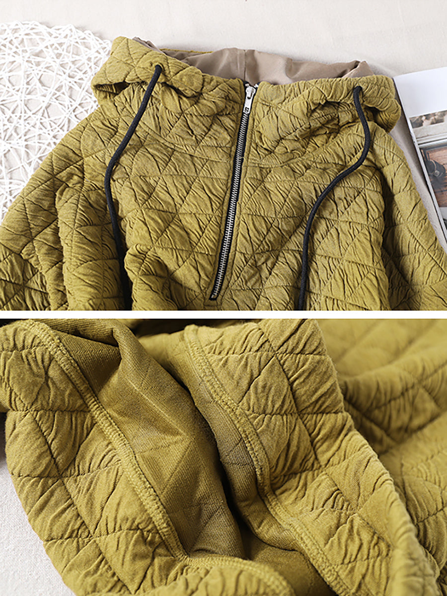 Plus Size Solid Color Pleated Drawstring Zipper Hooded Sweatshirt