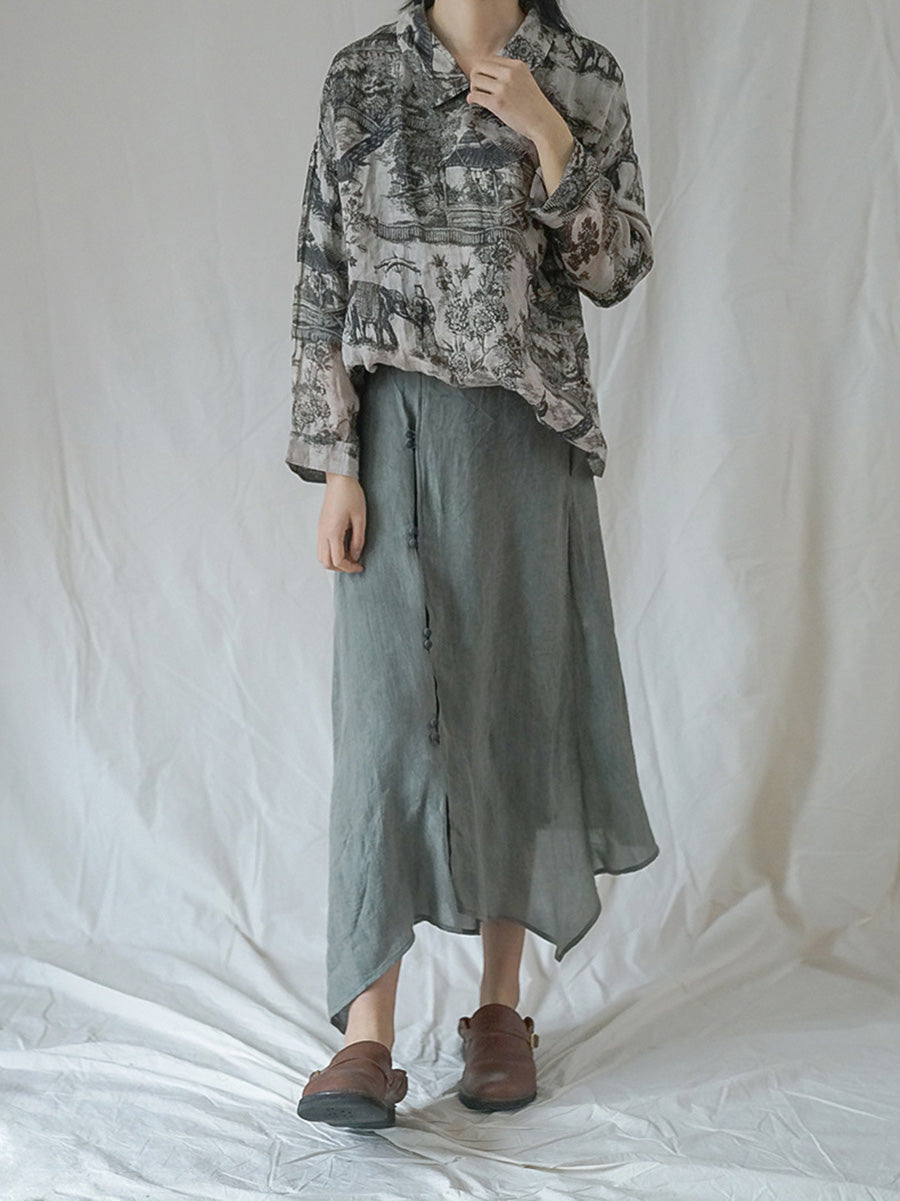 Plus Size Vintage Floral Ramie Autumn Women Loose Shirt