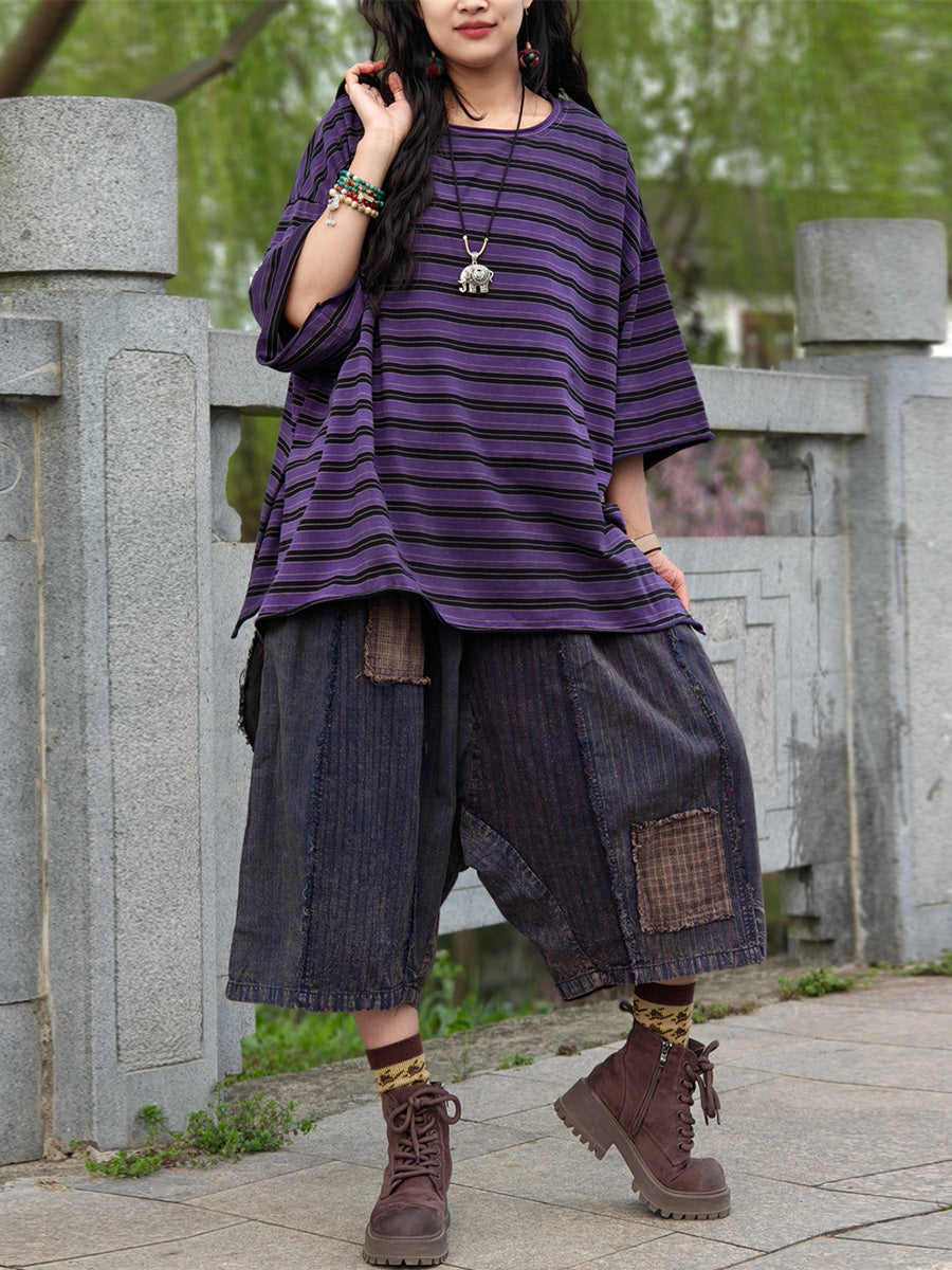 Plus Size Women Casual Summer Stripe Cotton Shirt