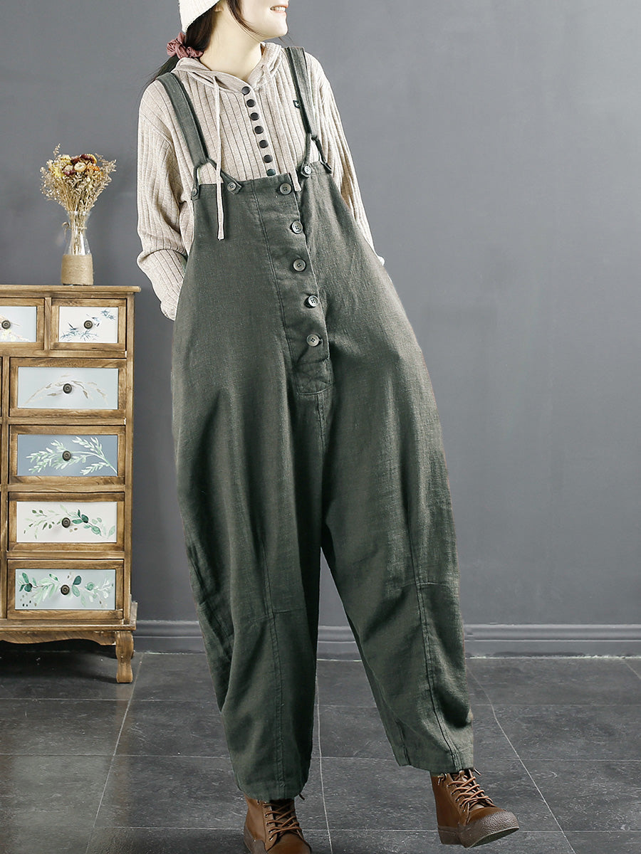 Plus Size Women Vintage Solid Linen Loose Jumpsuits