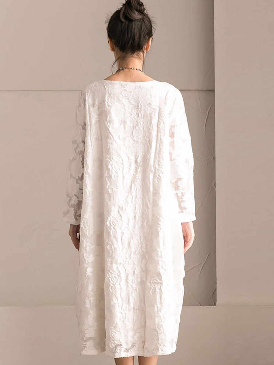 Plus Size Women Autumn Solid Lace Floral White Dress