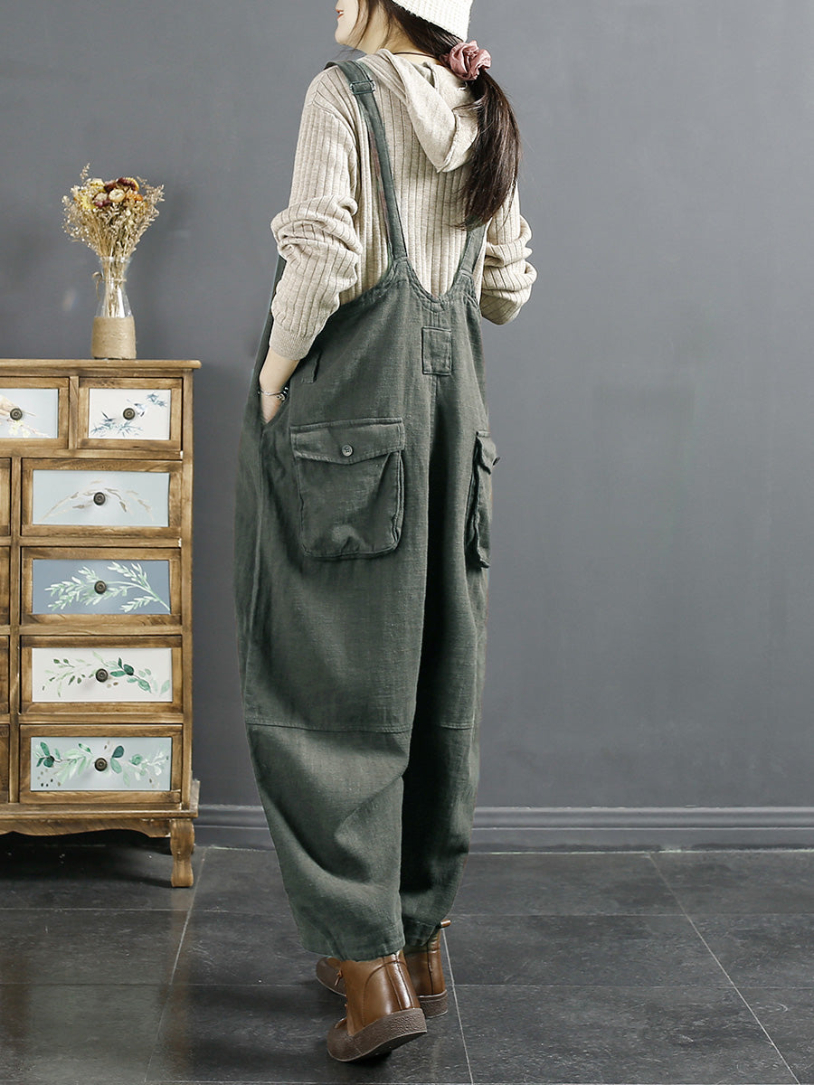Plus Size Women Vintage Solid Linen Loose Jumpsuits