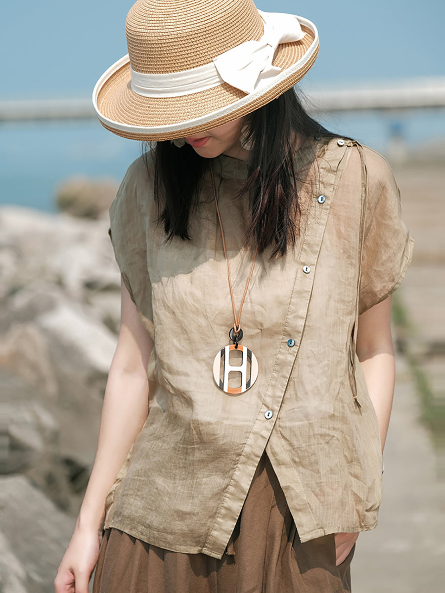 Plus Size Women Vintage Summer O-Neck Button Ramie Shirt