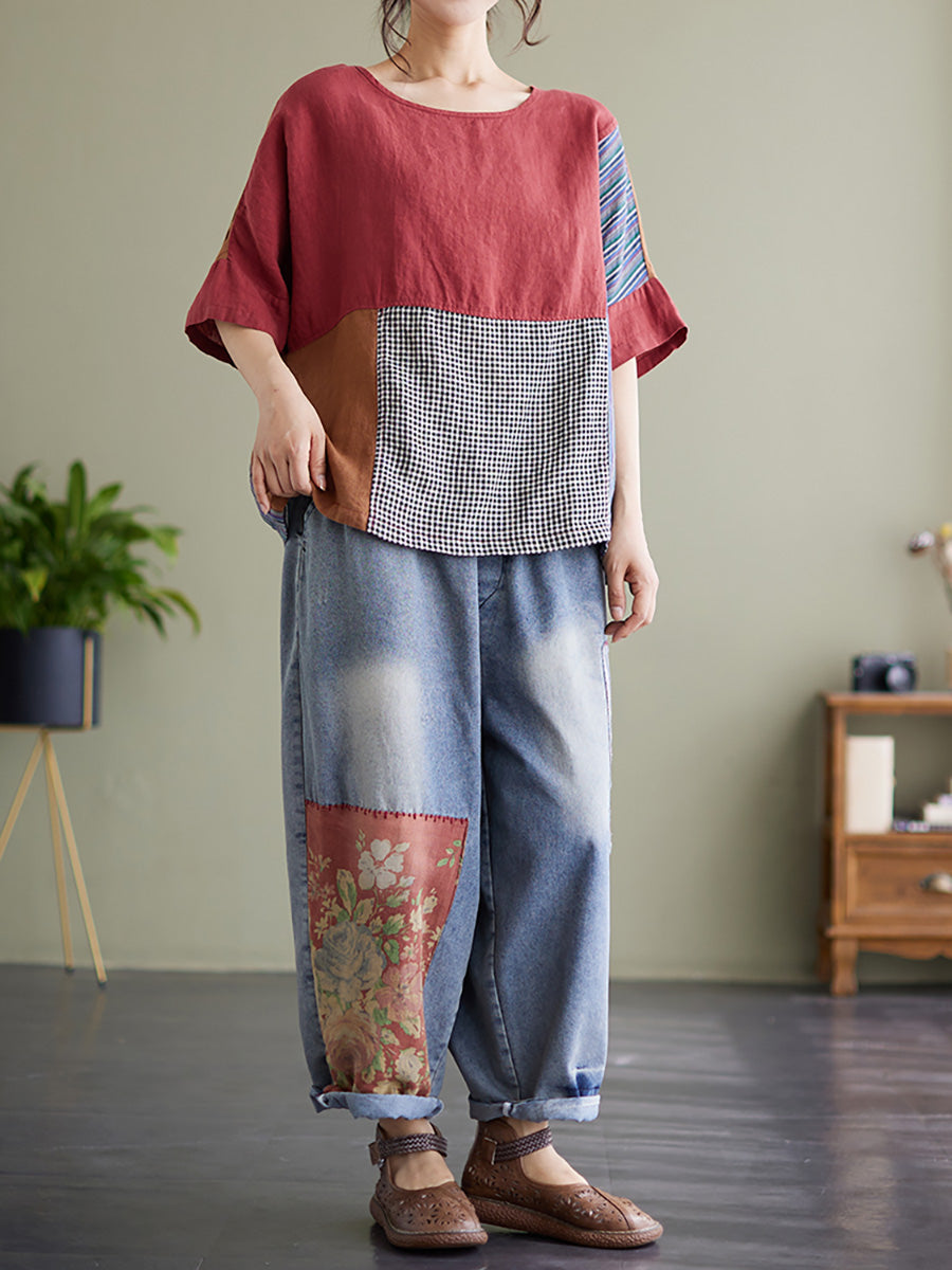 Plus Size Vintage Short Sleeve Women Patchwork Loose Shirt
