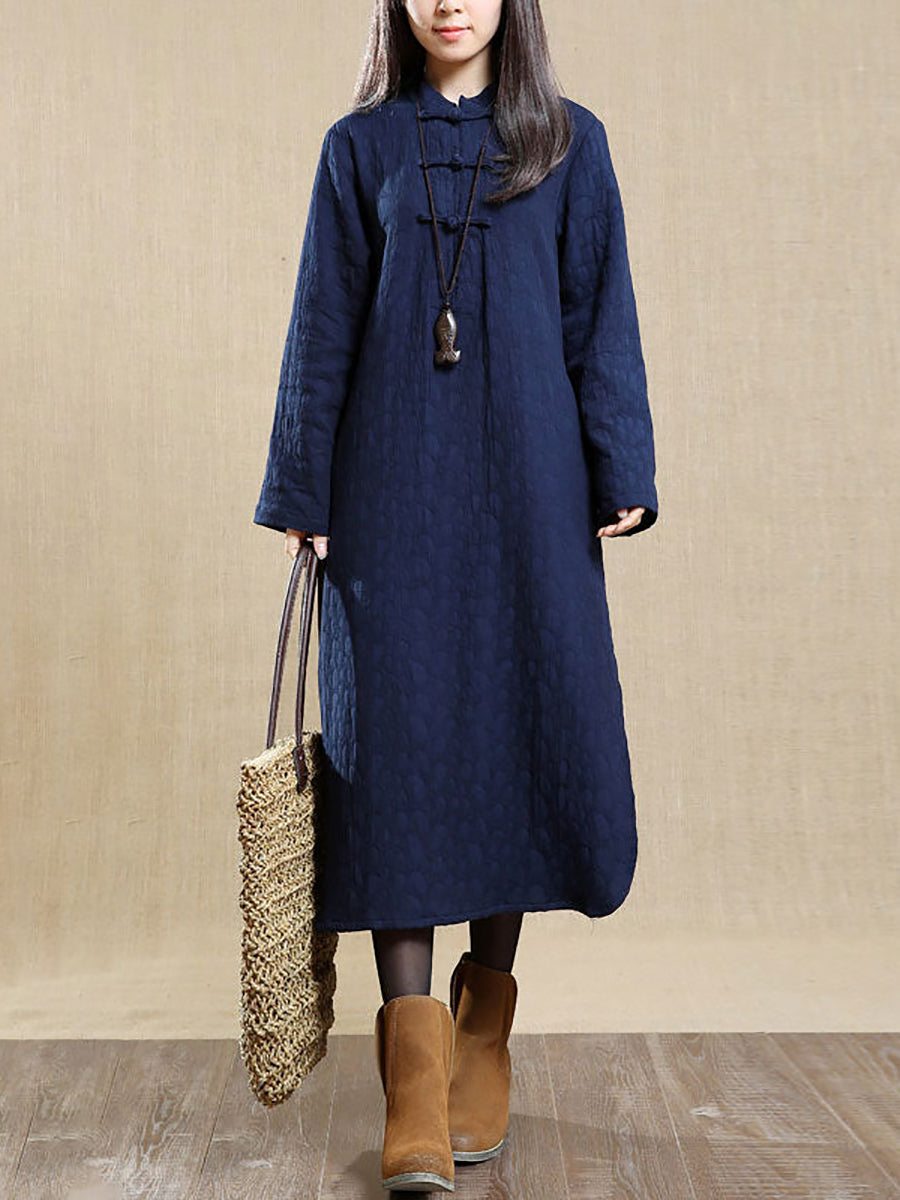 Plus Size Women Autumn Vintage Stand Collar 100%Cotton Dress