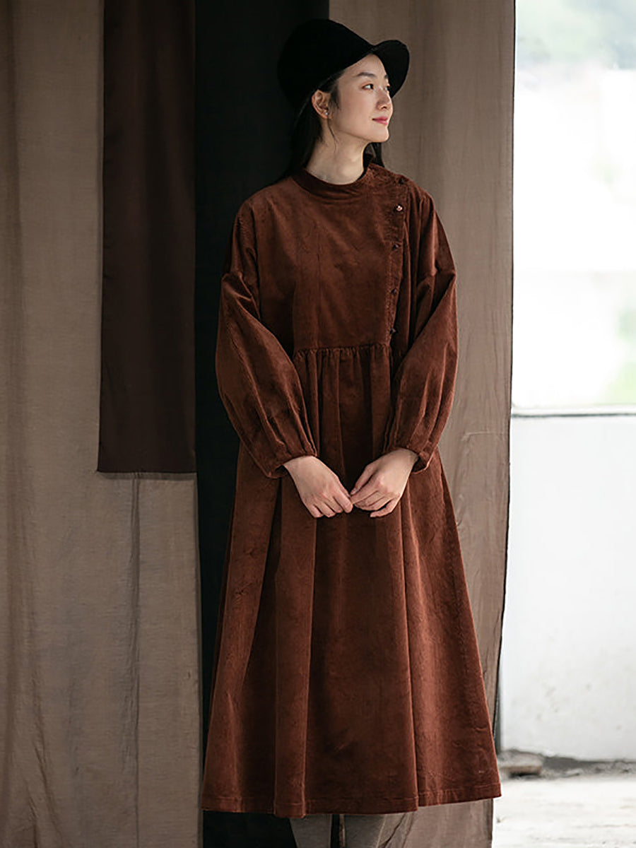Plus Size Women Autumn Solid Pleated Corduroy Dress