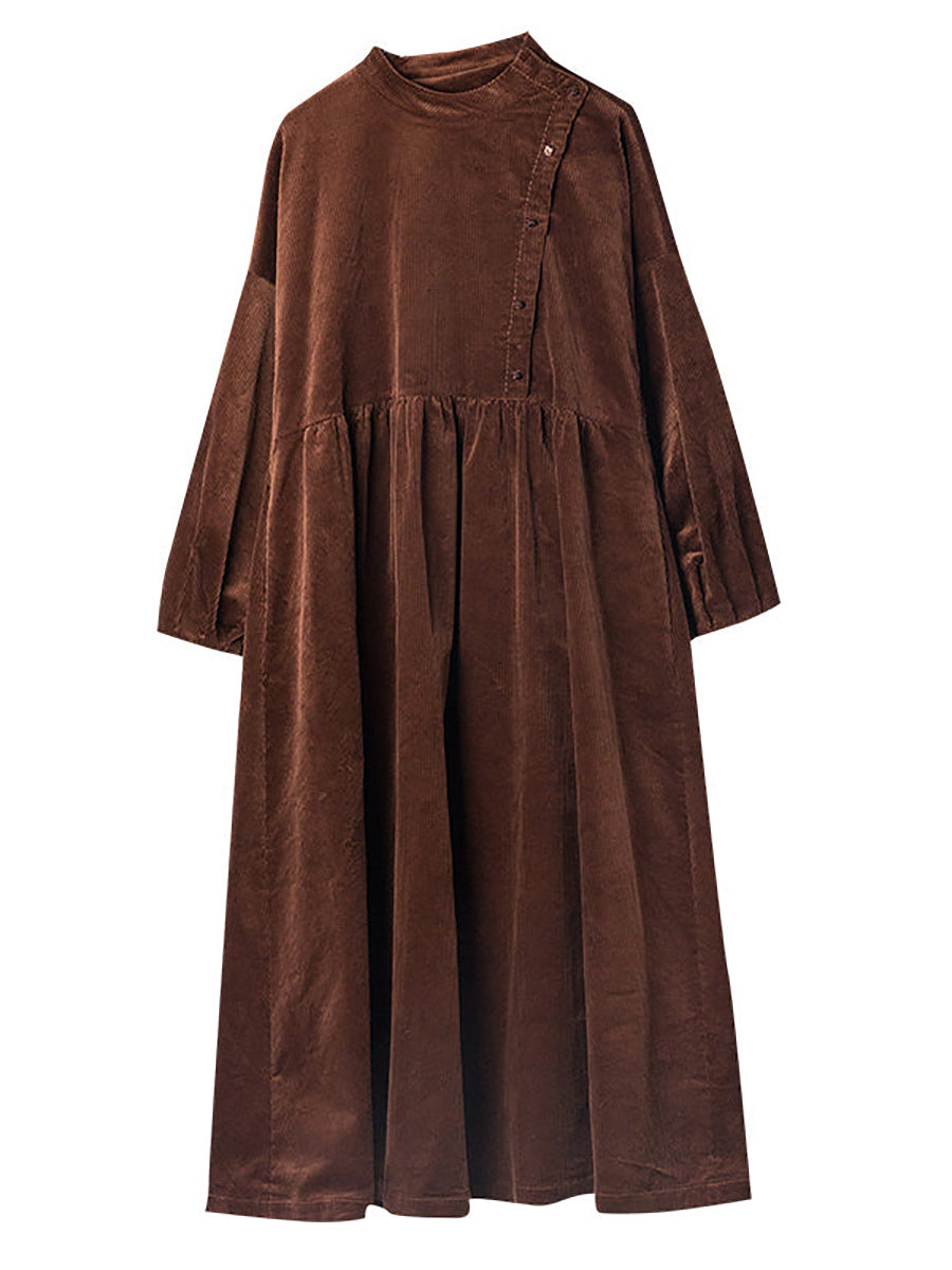 Plus Size Women Autumn Solid Pleated Corduroy Dress