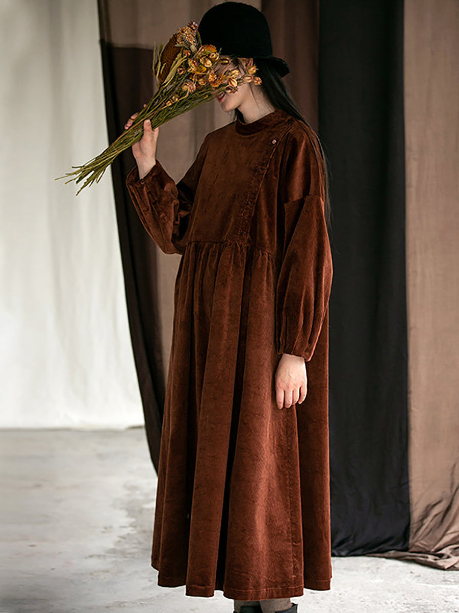 Plus Size Women Autumn Solid Pleated Corduroy Dress