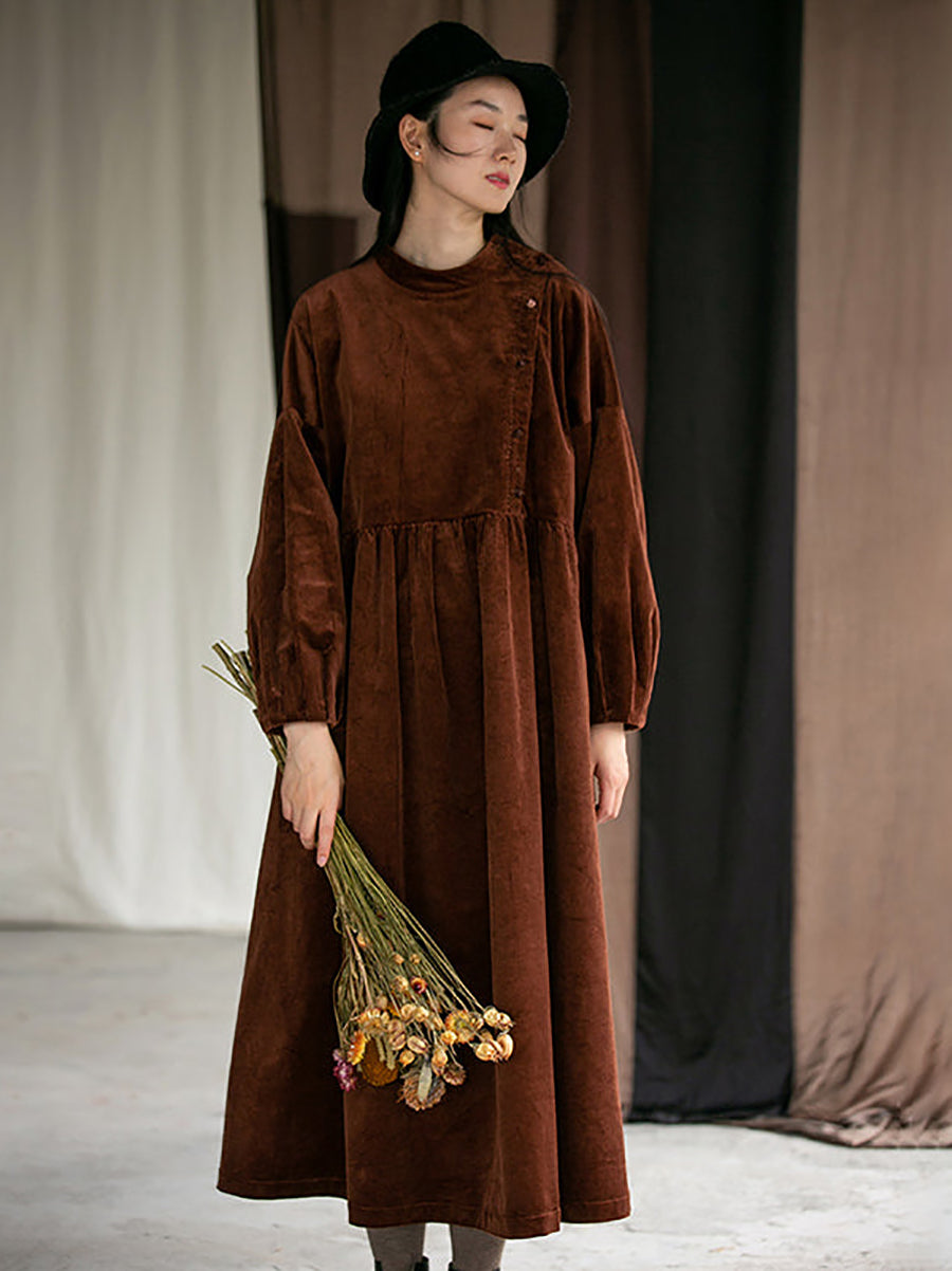 Plus Size Women Autumn Solid Pleated Corduroy Dress