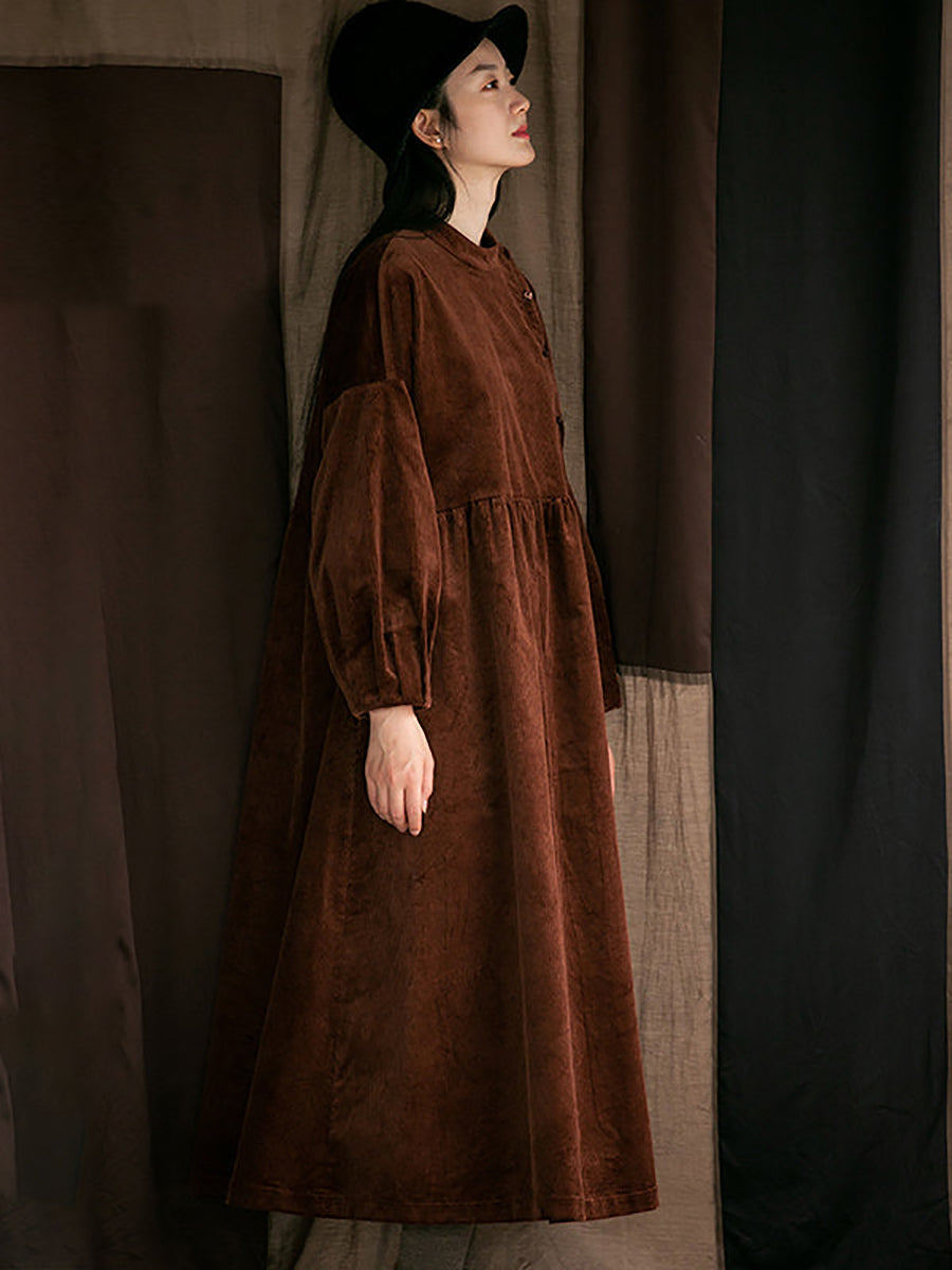 Plus Size Women Autumn Solid Pleated Corduroy Dress