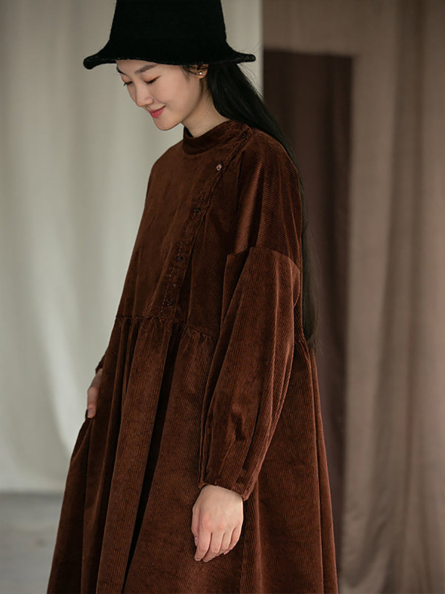 Plus Size Women Autumn Solid Pleated Corduroy Dress