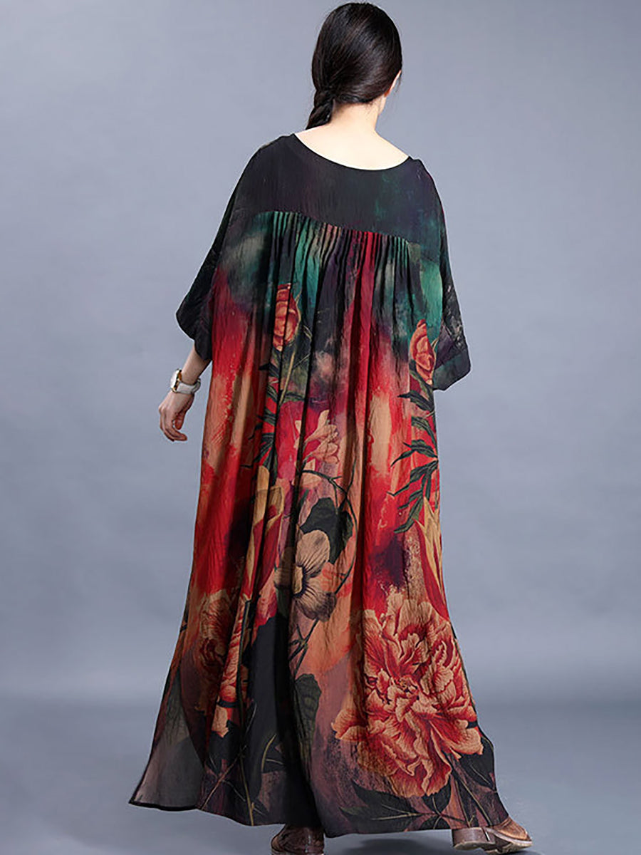 Plus Size Women Causal Retro Floral Maxi Dress