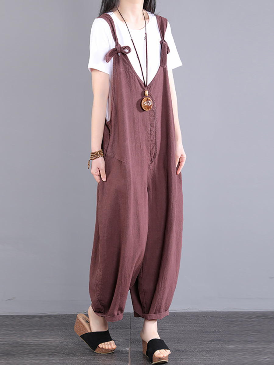Plus Size Women Vintage Knot V-Neck Ramie Loose Jumpsuits