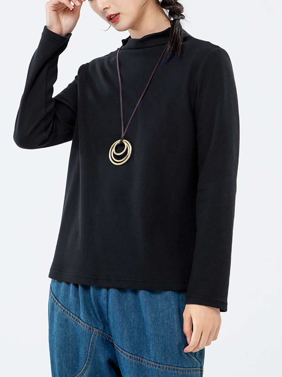 Plus Size - Women Turtleneck Solid Color Long Sleeve T-shirt