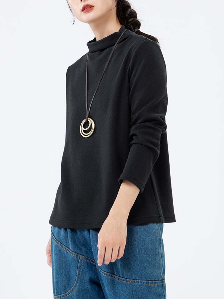 Plus Size - Women Turtleneck Solid Color Long Sleeve T-shirt