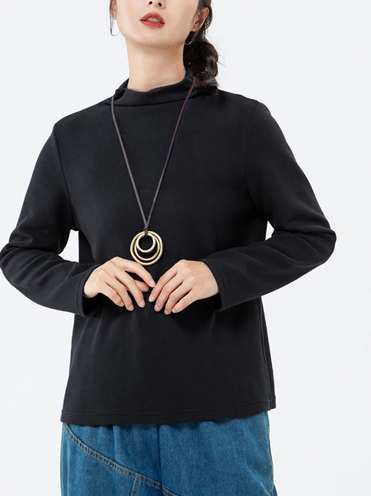 Plus Size - Women Turtleneck Solid Color Long Sleeve T-shirt