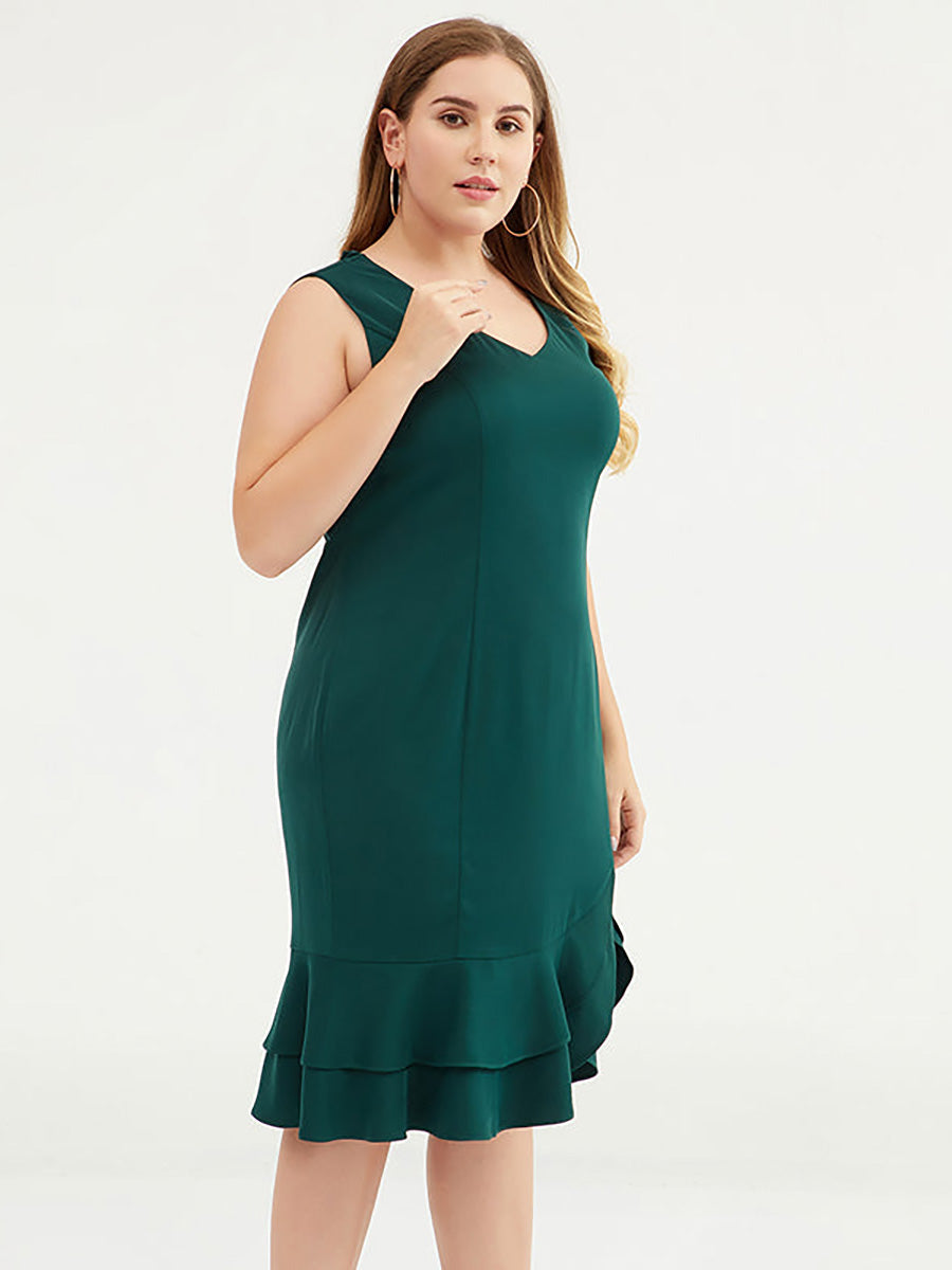 Plus Size Fashion Solid Color V-Neck Sleeveless Dress
