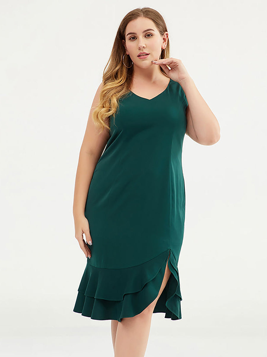 Plus Size Fashion Solid Color V-Neck Sleeveless Dress