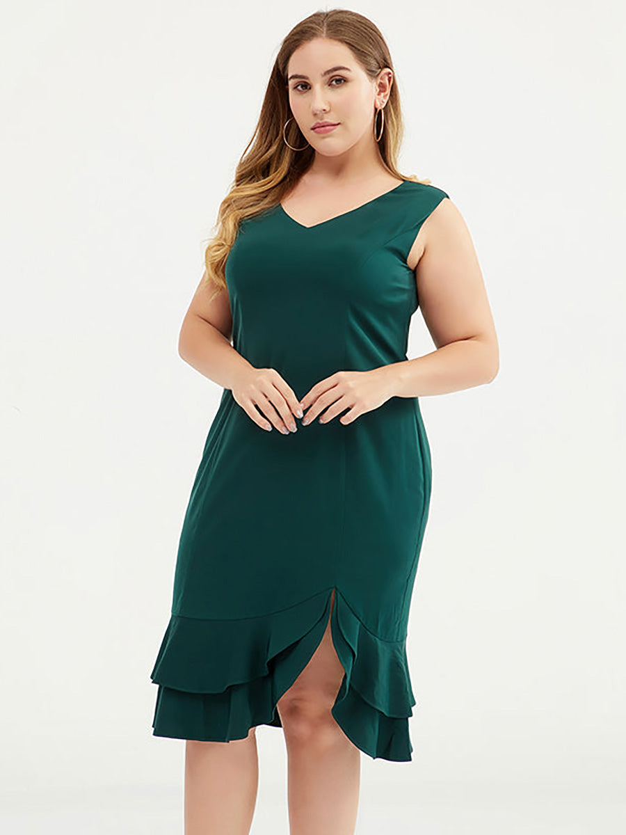 Plus Size Fashion Solid Color V-Neck Sleeveless Dress