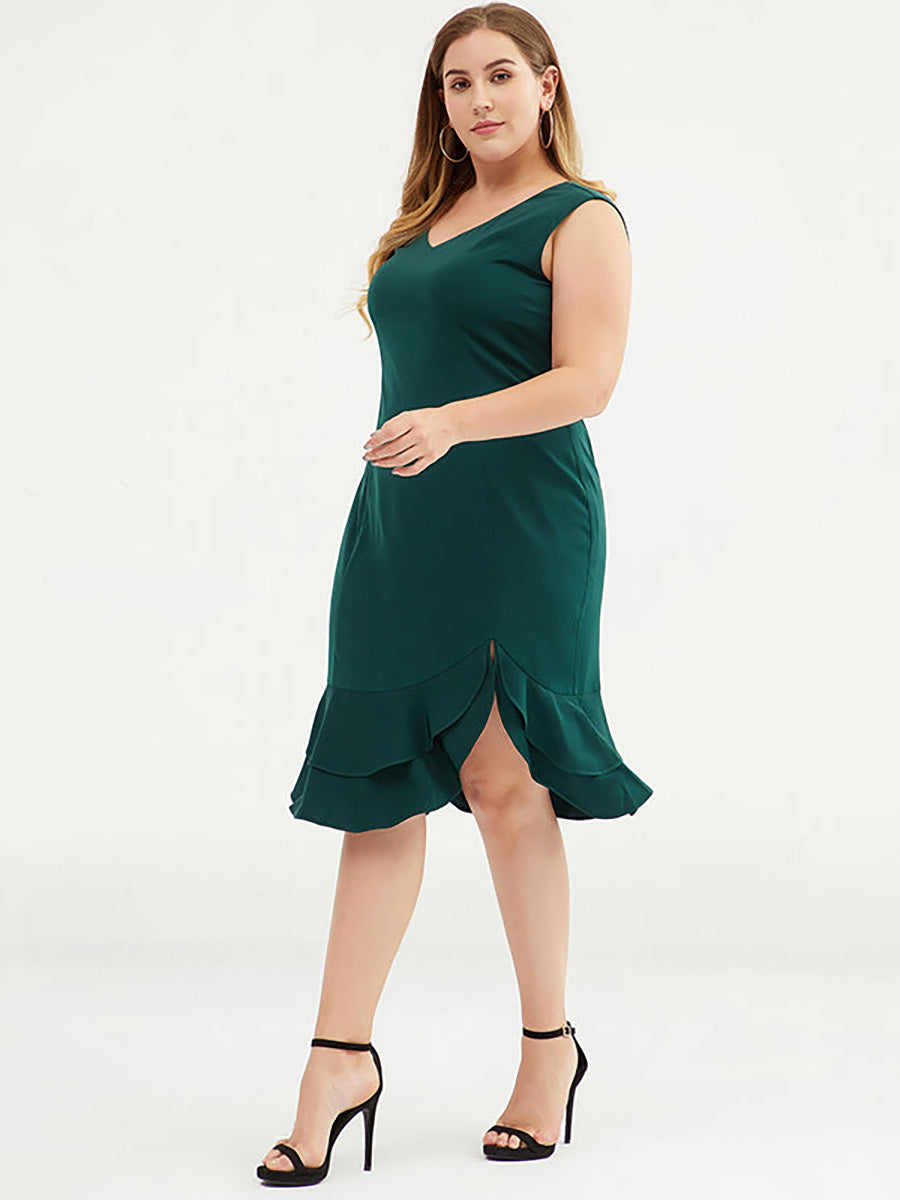 Plus Size Fashion Solid Color V-Neck Sleeveless Dress