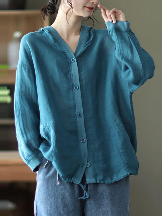 Plus Size - Ramie Hooded Drawstring Pocket Coat Top