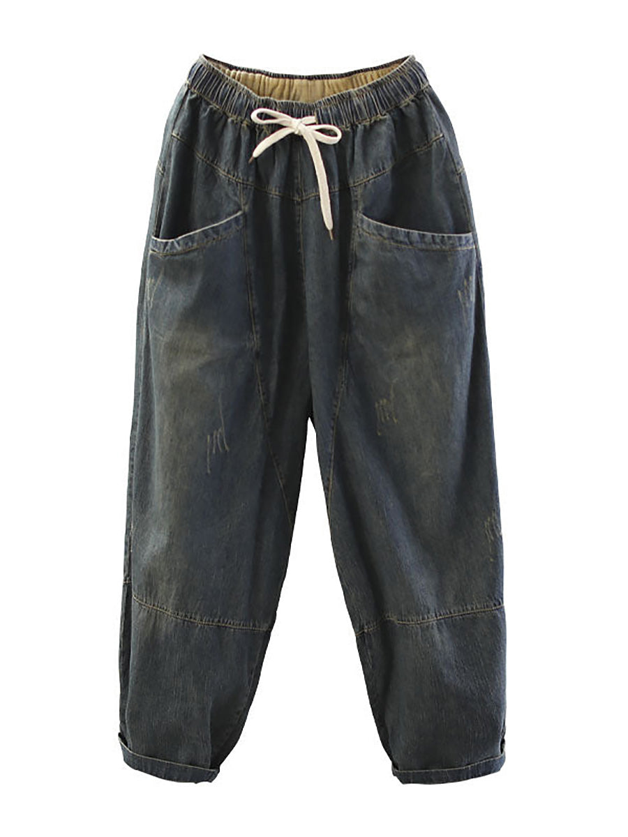 Plus Size Vintage Loose Elastic Waist Spliced Distressed Denim Jeans