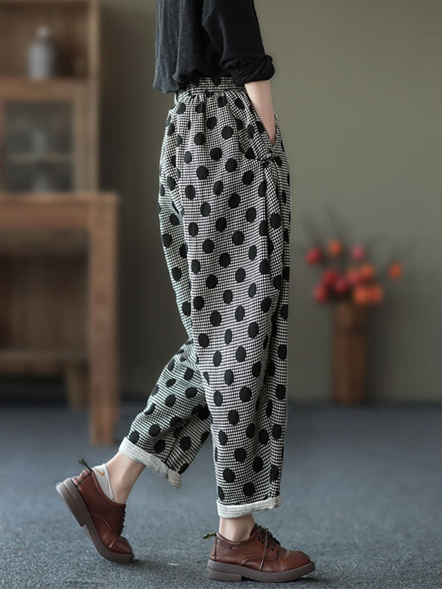 Plus size - Women Retro Pocket Cotton Casual Dots Harem Pants